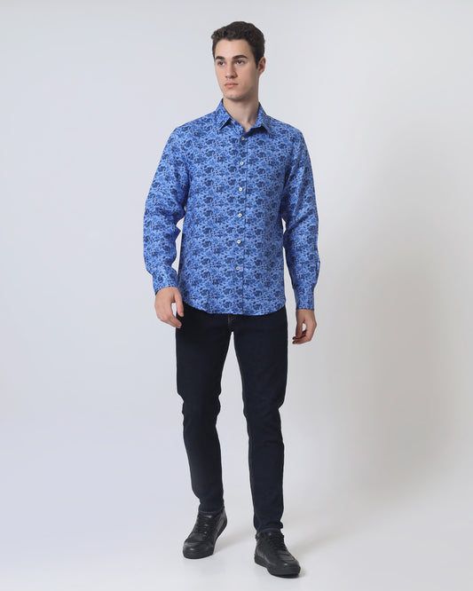 Quieti Modern Fit, Blue Floral Print, Long Sleeve Woven Shirt
