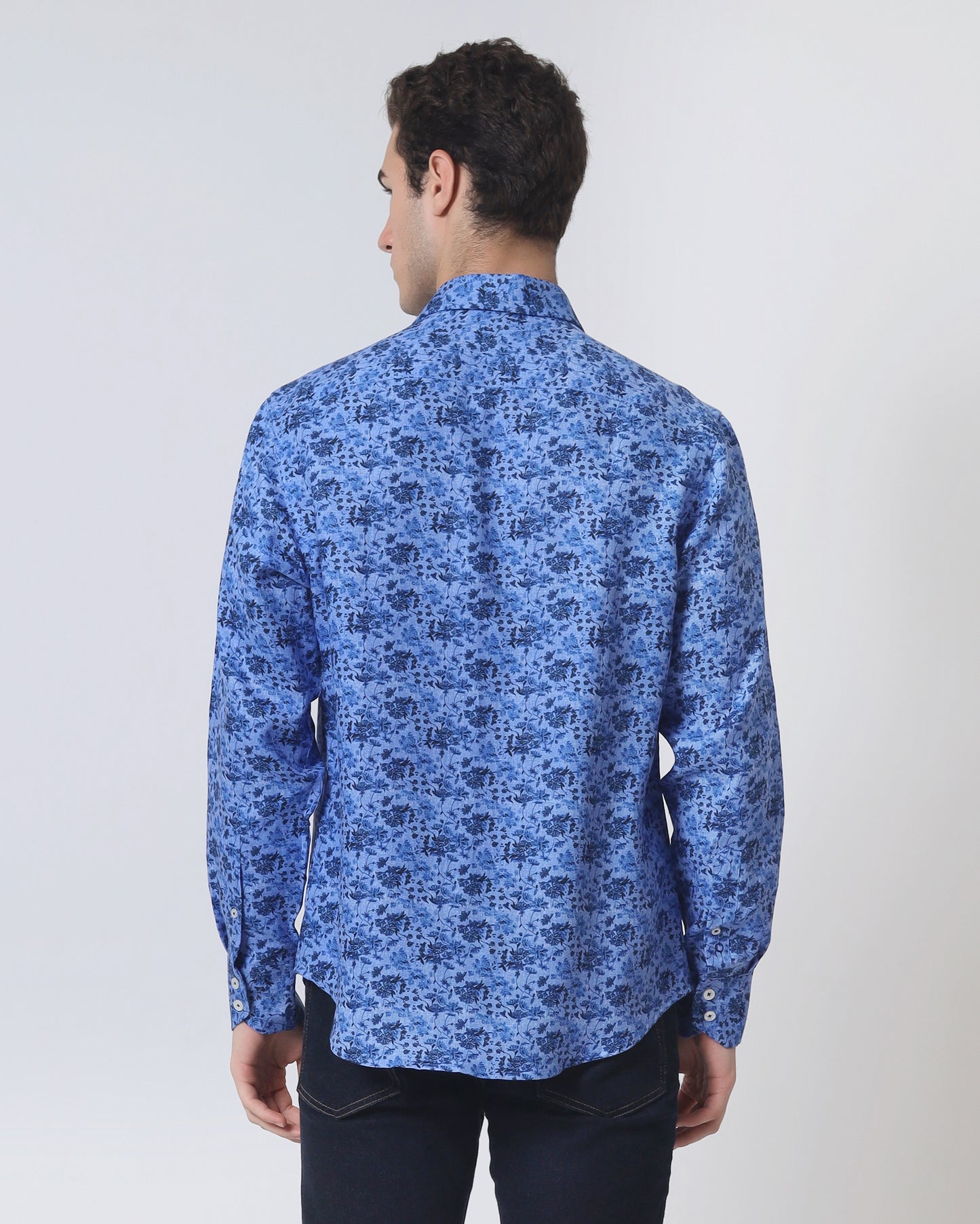 Quieti Modern Fit, Blue Floral Print, Long Sleeve Woven Shirt