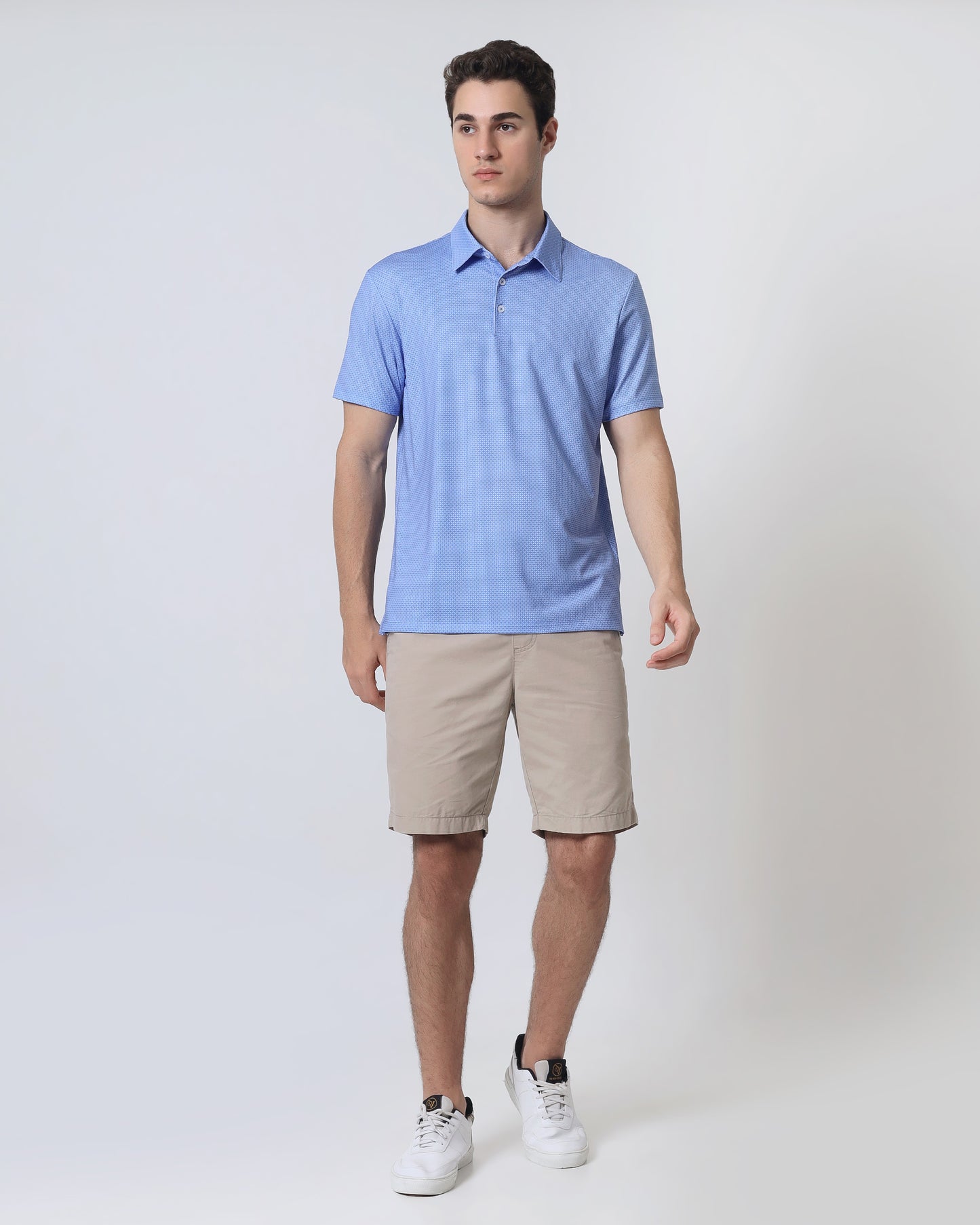 Quieti Performance Regular Fit, French Blue Geo Printed Knit, 3 button Short Sleeve Polo