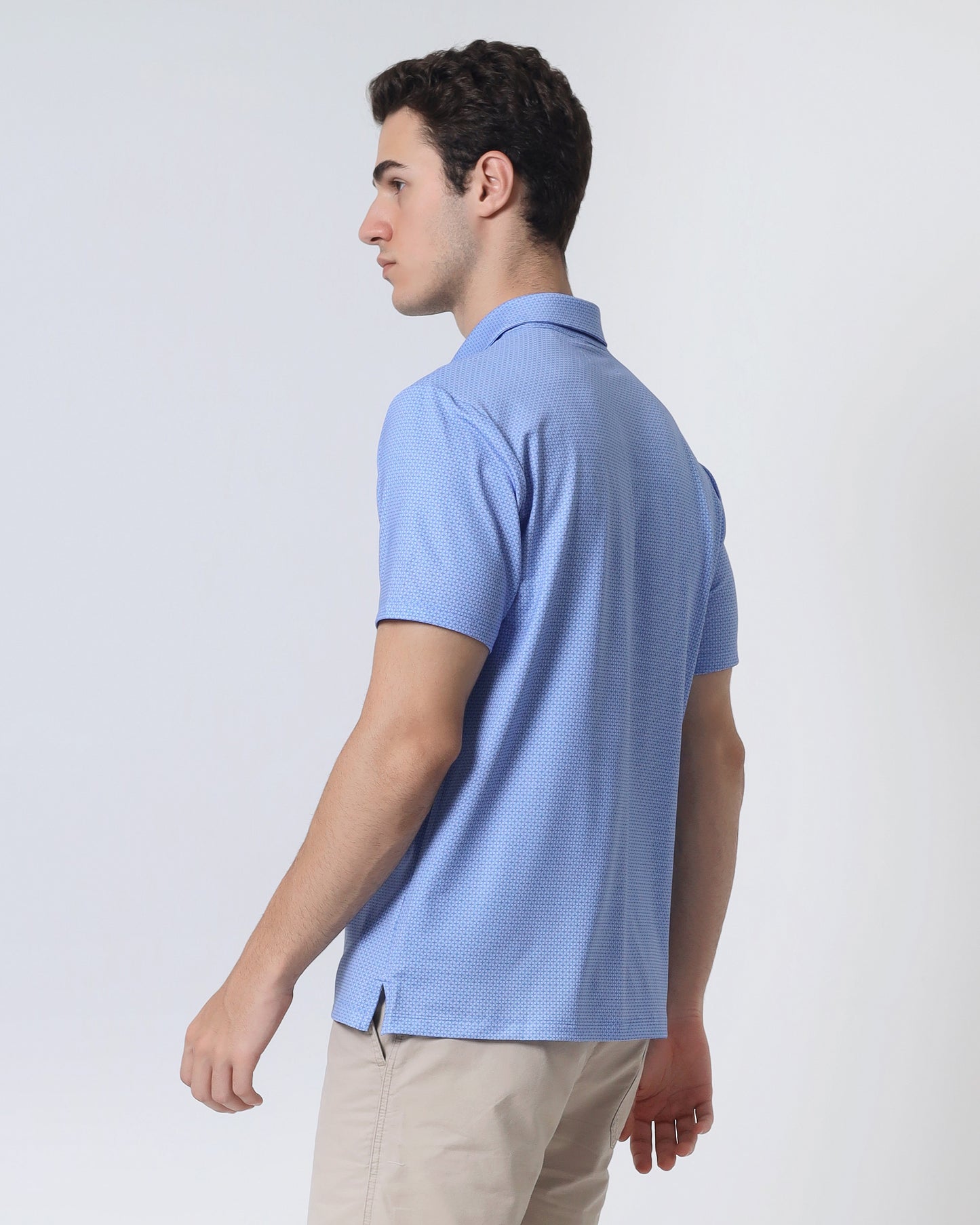 Quieti Performance Regular Fit, French Blue Geo Printed Knit, 3 button Short Sleeve Polo