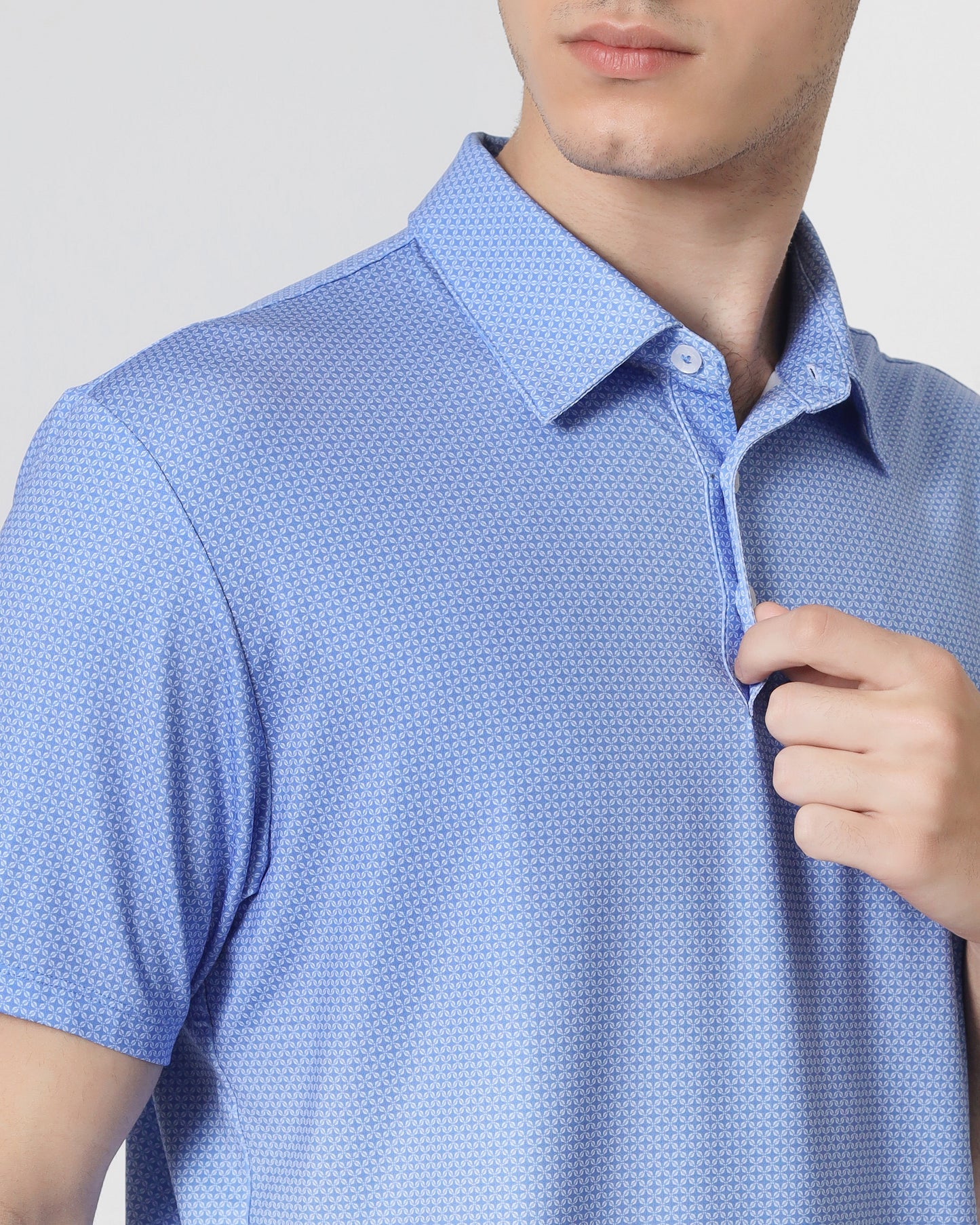 Quieti Performance Regular Fit, French Blue Geo Printed Knit, 3 button Short Sleeve Polo