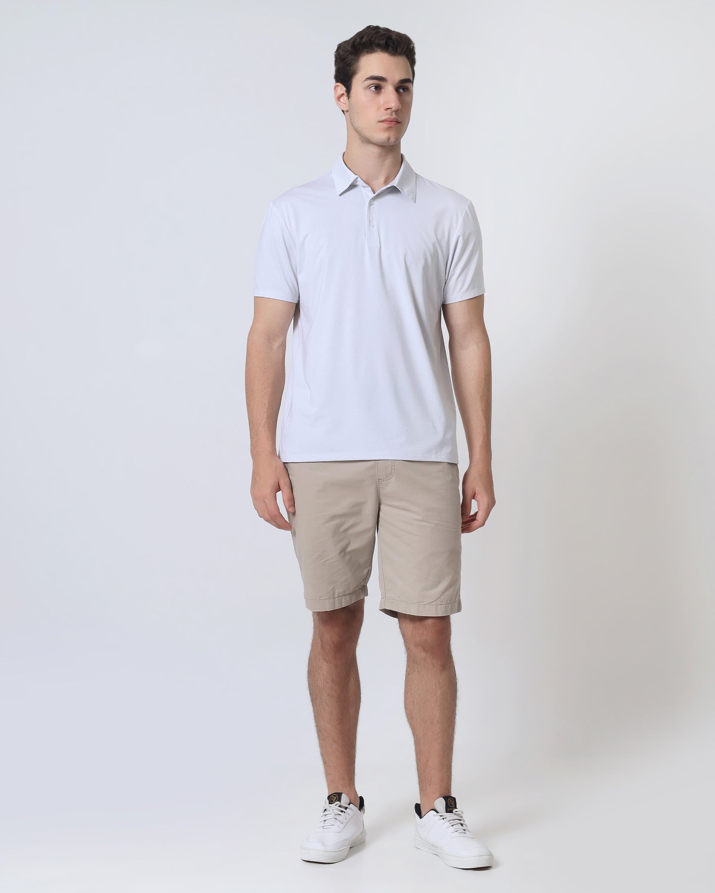 Quieti Performance Regular Fit, White Geo pattern Breathable Stretch Single hersey Knit, 3 button Short Sleeve Polo