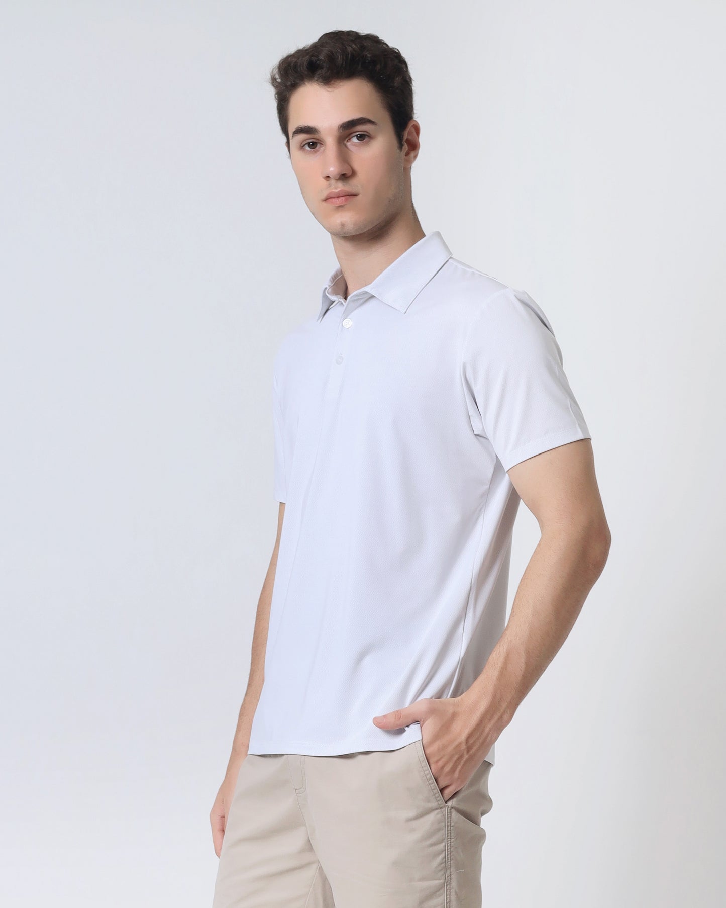 Quieti Performance Regular Fit, White Geo pattern Breathable Stretch Single hersey Knit, 3 button Short Sleeve Polo