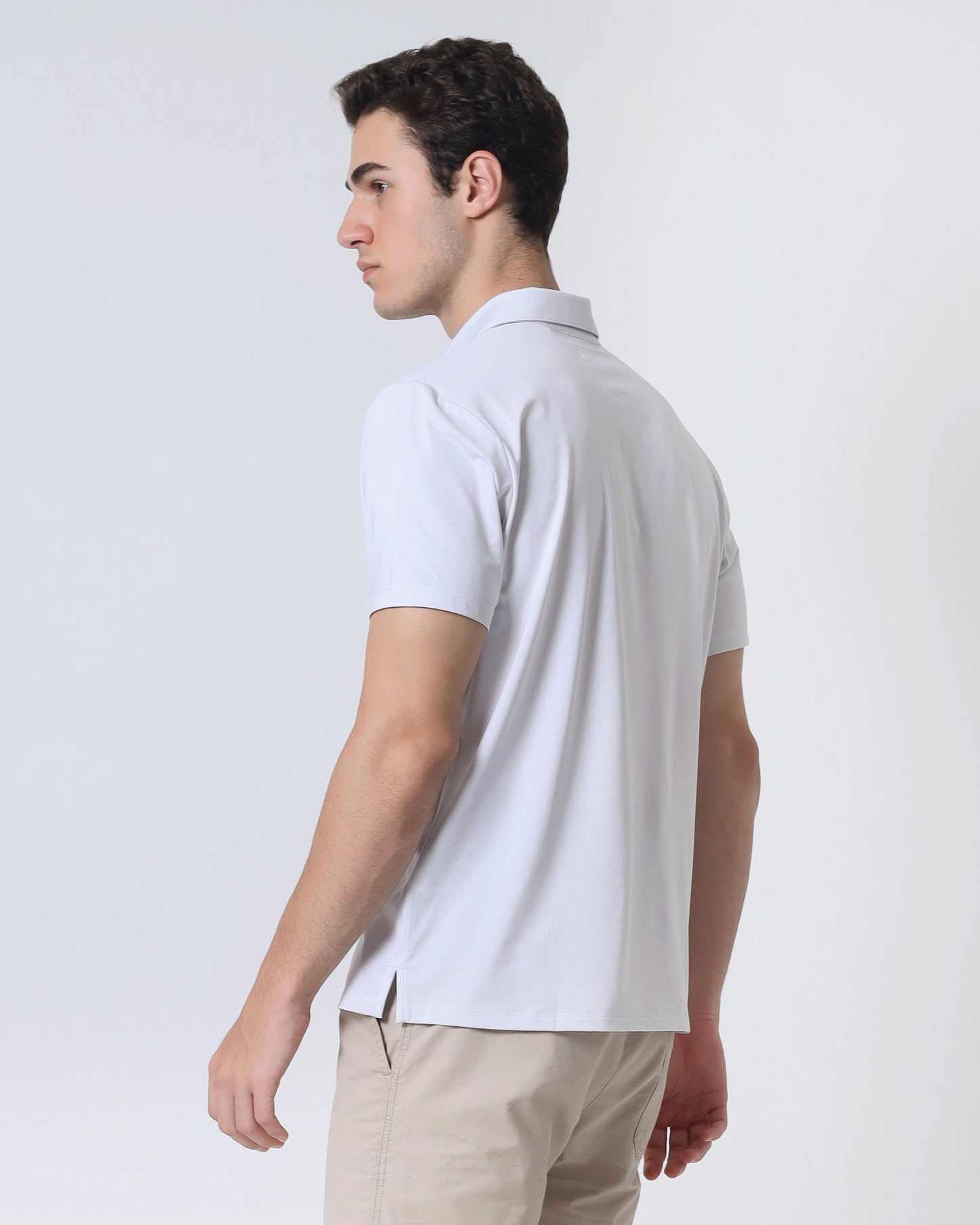 Quieti Performance Regular Fit, White Geo pattern Breathable Stretch Single hersey Knit, 3 button Short Sleeve Polo