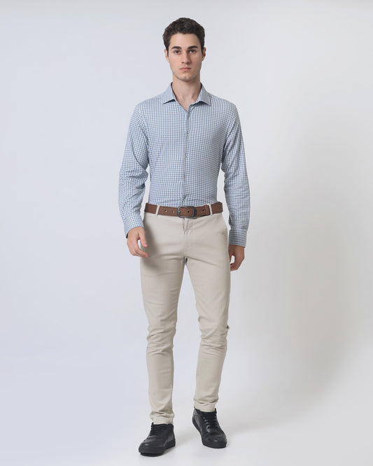 Quieti Modern Fit, Blue/Brown Geo print, Long Sleeve Knit Shirt in Woven style