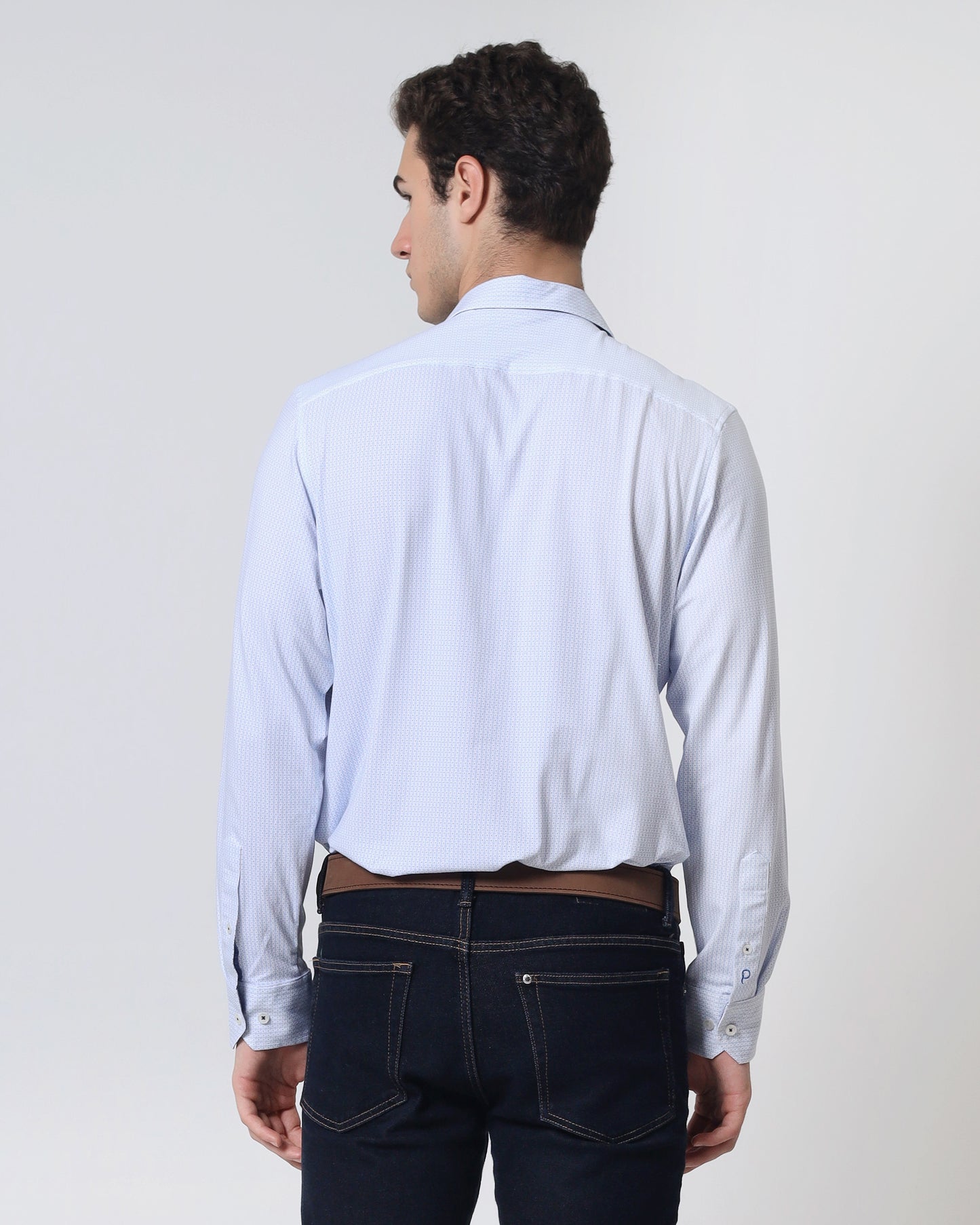 Quieti Modern Fit, Blue Geo Digital Print, Long Sleeve Knit Shirt in Woven style