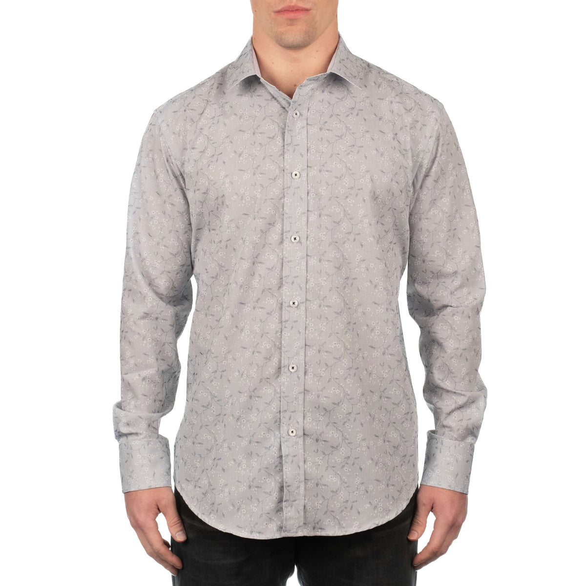 Clanton Men&#39;s Long Sleeve Grey Grid Floral Jacquard Shirt