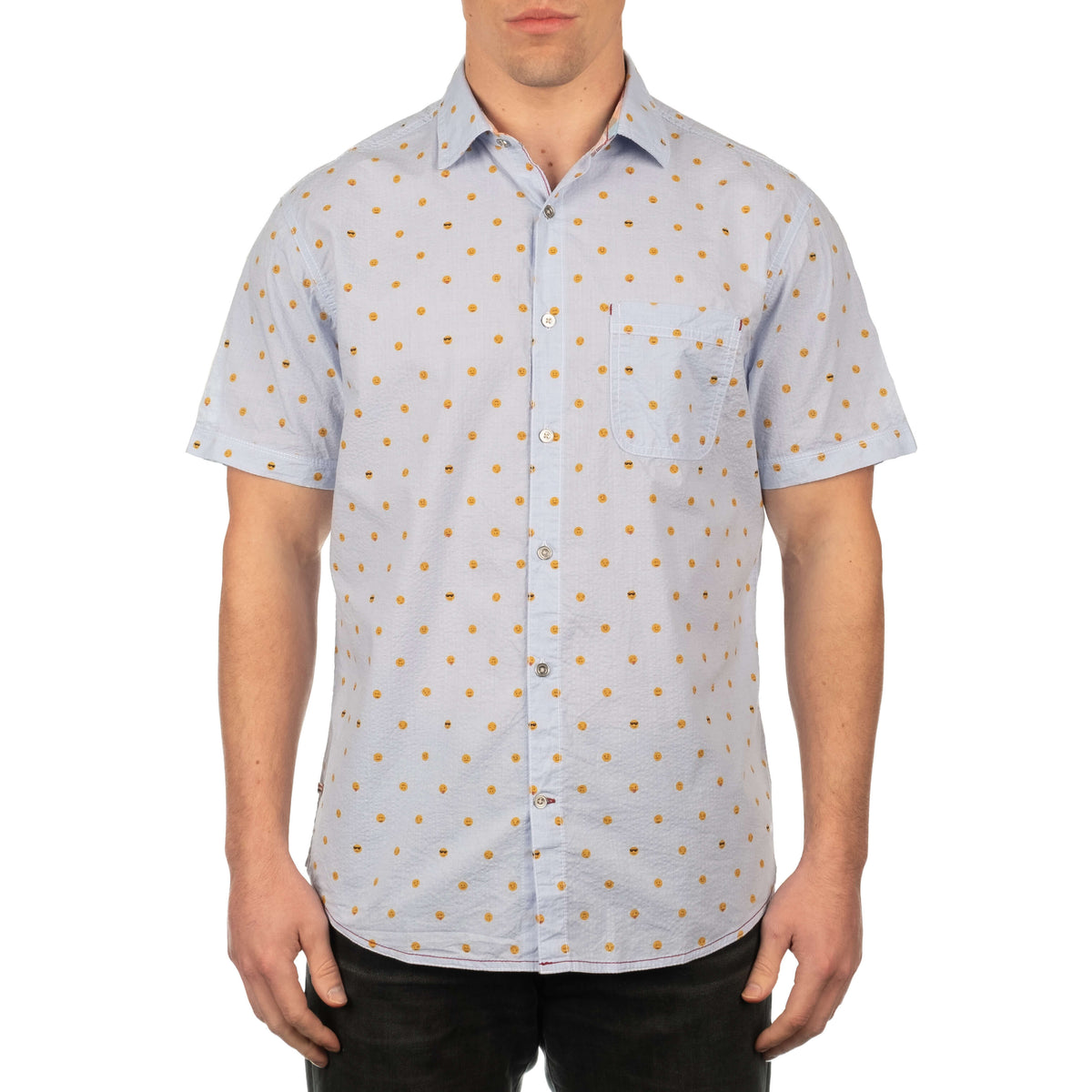 Minden Men&#39;s Short Sleeve Light Blue Smiley Print Shirt